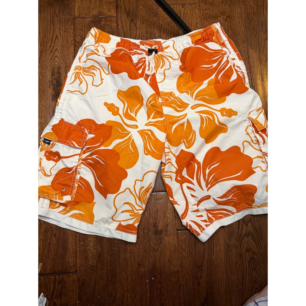 Exist Supreme Board Shorts Mens Medium Orange White Hibiscus Floral Cargo Trunks
